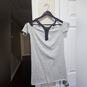 Derek Heart Light Gray Off-Shoulder Top with Black Lace-Up